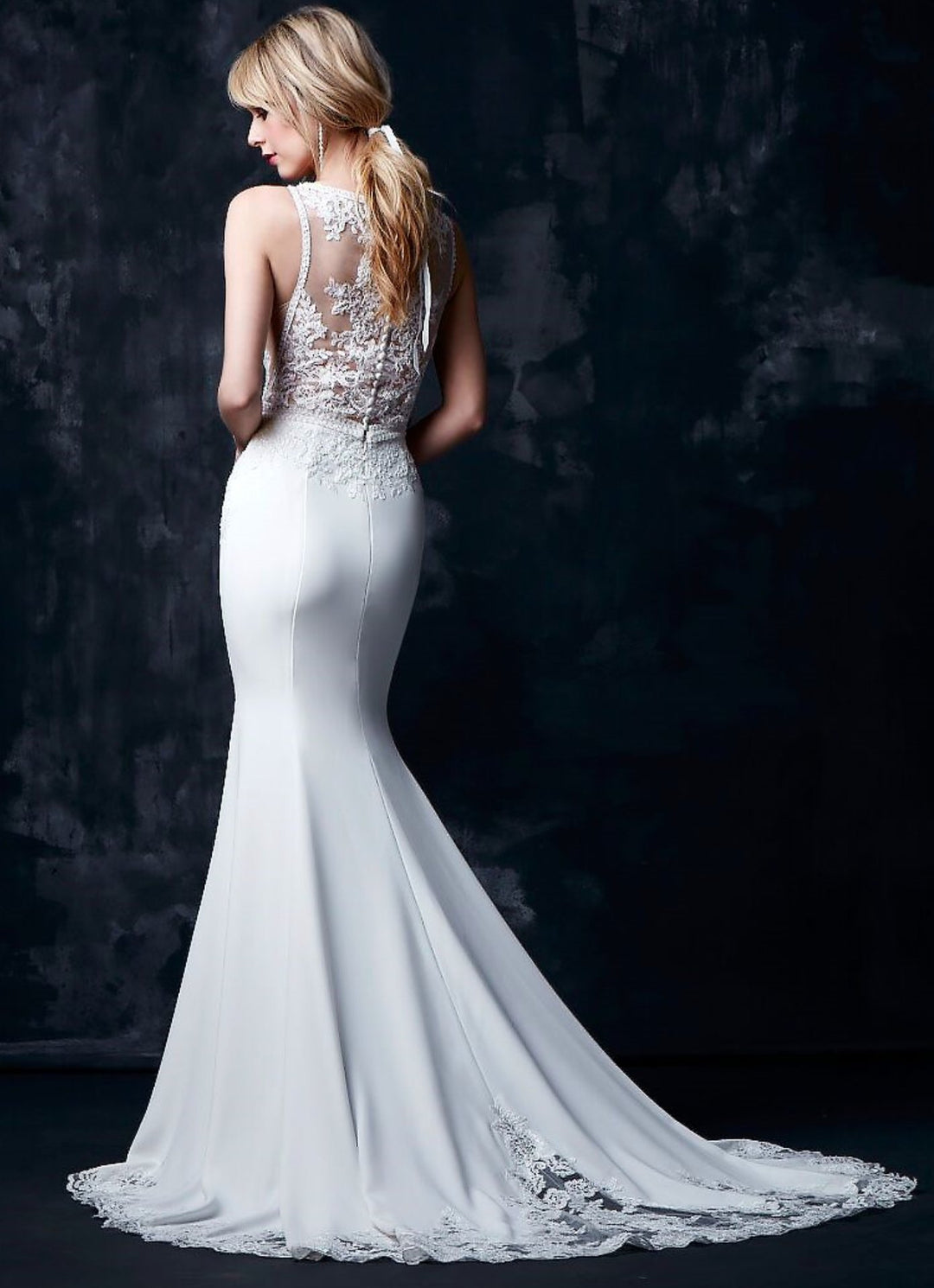 Deep V Neckline Crepe Gown with a Lace Bodice - Bride-to-Be Outlet