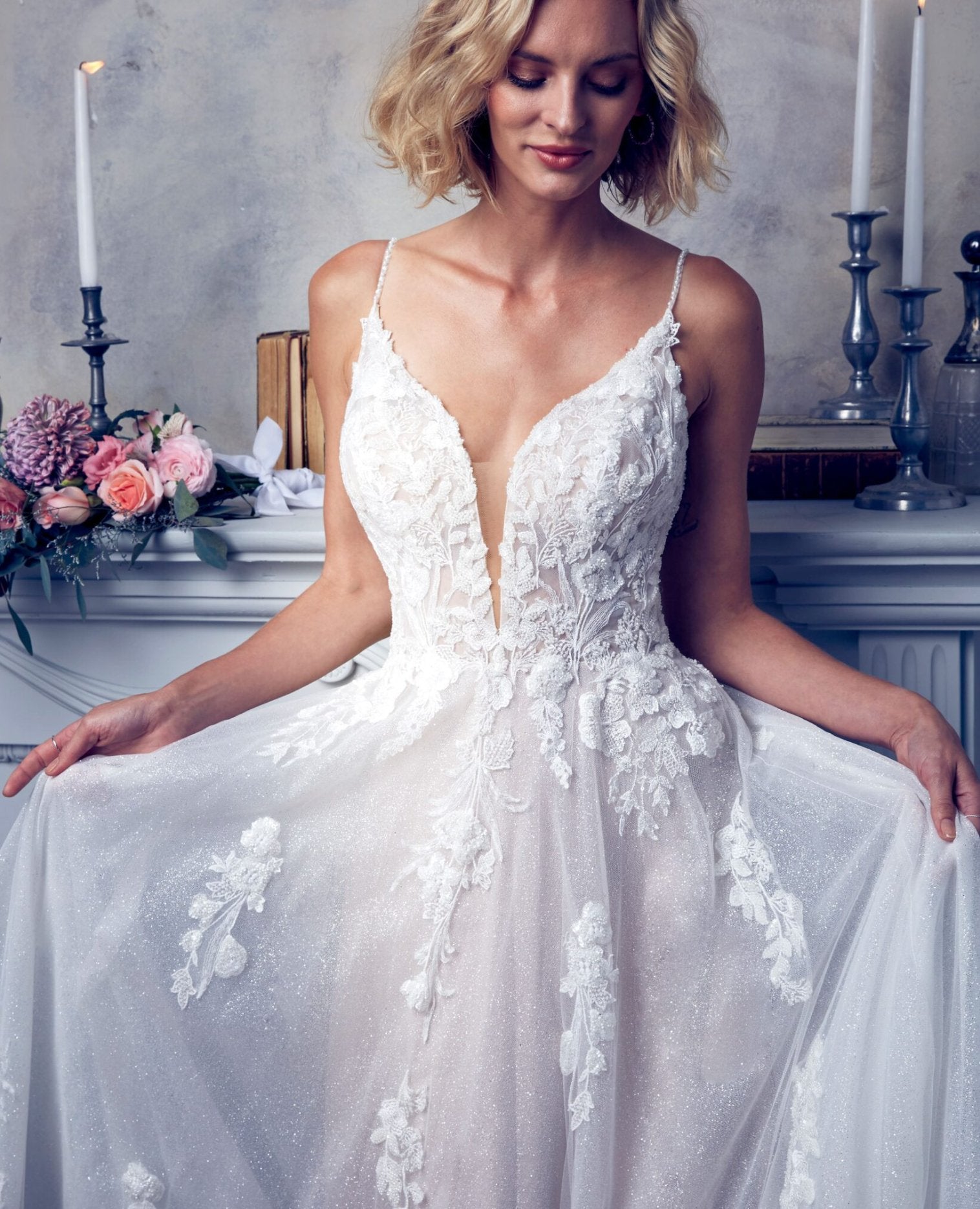 A line deep hot sale v neck wedding dress